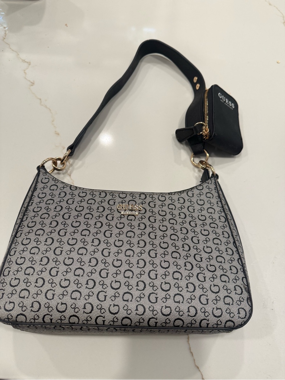 GUESS Gray and Black Signature Logo Shoulder Bag with Coin Pouch